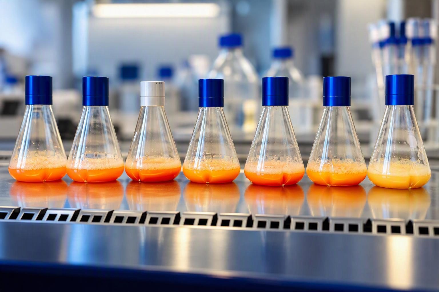 Row of shake flasks with yeast culture in a laboratory